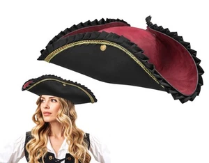 Deluxe Tricorn Tricorner Pirate Hat Buccaneers Cap Halloween Costume Accessory - Picture 1 of 26