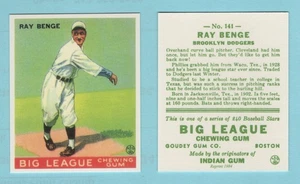 1933 Goudey Baseball Reprint #141 Ray Benge -- Brooklyn Dodgers --Box 741 - Picture 1 of 1