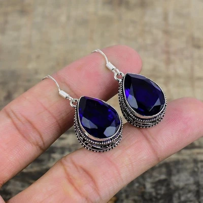 Zaffiro Blu Lab-Created Gemma a Mano 925 Argento Sterling Gioielli Orecchini Con - Immagine 1 di 4