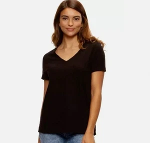 Felina Women’s Black Slub V-Neck T-Shirt, Medium, Cotton Modal Blend, Casual Tee - Picture 1 of 4