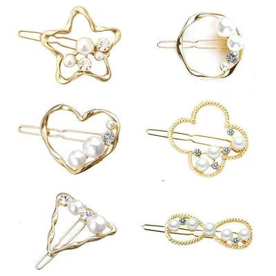 6pcs Small Pearl Hair Clips For Women Gold Barrettes Hair Accessories Heart R... - Image 1 of 4