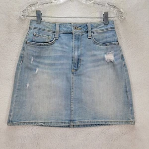 Blue Denim Stretch Distress Western Classic Mini A Line Womens Skirt Size 1 Jr - Picture 1 of 12