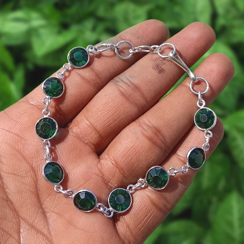 Brazalete de cadena de piedras preciosas de topacio facetado verde enchapado en plata 925 joyería de moda Foto 1 de 4