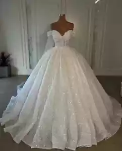 Luxury Wedding Dresses Ball Gown Sequins Appliques Ruffles Beaded Bridal Gowns - Picture 1 of 12