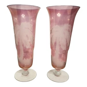 Vintage Pair of Cranberry Vases Pink Lustre Etched Palm Tree Glass 10"MCM Style - Picture 1 of 8