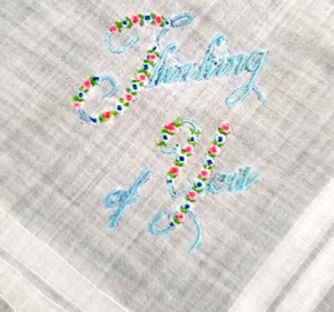Thinking of You Hand Embroidered Love Pocket Square Handkerchief Romantic VTG - Picture 1 of 7