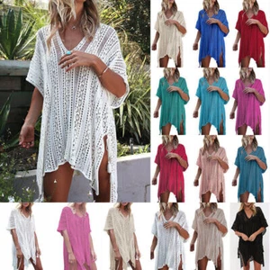 Ladies Summer Beach Cape Dress Hollow Crochet Knit Cover UP Bikini Swimwear SIZE - Picture 1 of 35