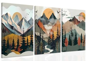 Mountain Canvas Wall Art Set of 3, Boho Sun Forest Abstract Nature Landscape ... - Picture 1 of 8
