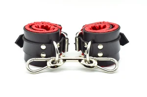 Red Satin Lined Leather Wrist Bondage Cuffs by Axovus - Picture 1 of 1