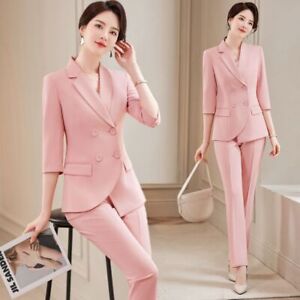 New Summer Style Pink Uniform Business Suits Slim Office Blazer Pant Sets Work
