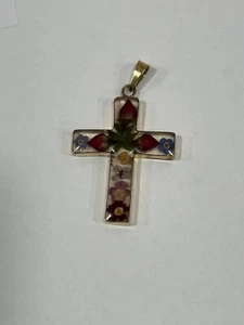 Resin Cross Inlaid With Tiny Flowers Gold Tone Setting Made In Mexico - Picture 1 of 3