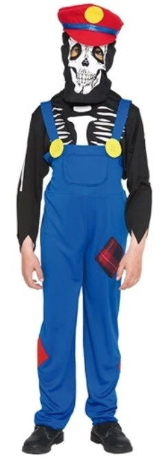 Deguisement Plombier Squelette Mario 7-9 ans salopette, haut, cagoule, casquette - Photo 1/1