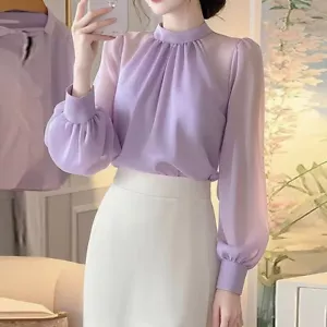 Chiffon Shirt Tops Thin Long Sleeve Korean Blouse Fashion Elegant Women Clothing - Picture 1 of 7