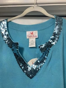 Quacker Factory 3X Turquoise Long Sleeve Pull Over Sweater -Tunic With Sequins - Picture 1 of 17