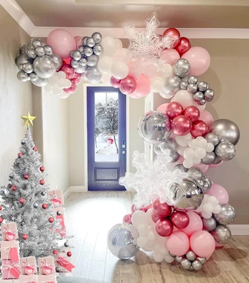 Pink Winter Wonderland Balloon Garland Arch Kit Pink Chrome Silver Red White wit - Image 1 of 4