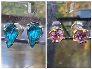 Lot of 2 Radiant Colored Glass Aqua Tear Shape & Pink Heart Studs - Picture 1 of 8