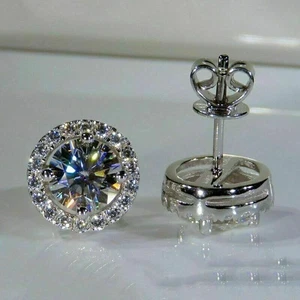 3 Ct Round Cut Moissanite Lab-Created Diamond Stud Earring 14k White Gold Plated - Picture 1 of 9
