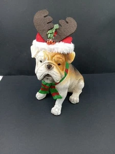 Adorable Bulldog Statue Christmas  Holiday Scarf Reindeer Santa Claus Hat 7 " - Picture 1 of 11