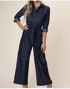 Kittenish Denim Cropped Wide Leg Jumpsuit Small - Picture 1 of 13