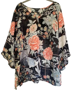 CITRON SANTA MONICA Rare 100% Silk Crepe Tunic Floral Embroidered Beaded Crane L - Picture 1 of 14