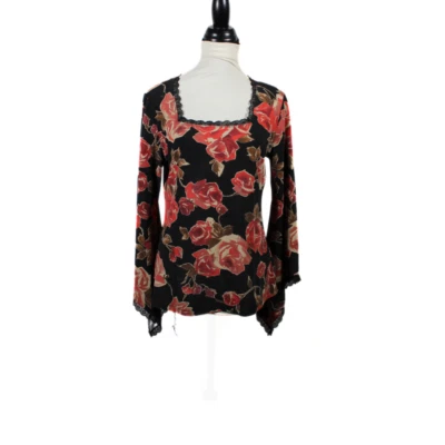 Vintage 1990s Whimsigoth Rose Print Bell Sleeve Blouse – Black Lace, Size L - Image 1 of 4