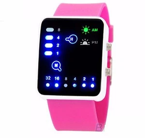 Pink Led Binary Digital Watch Mens Fashion Casual Sport Wrist Watches UK SELLER - Picture 1 of 1