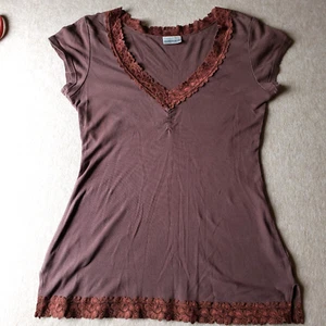 Vtg Fashion Bug Womens M Top Brown Ribbed Fitted Lace Trim Layering Y2K Preppy - Picture 1 of 9