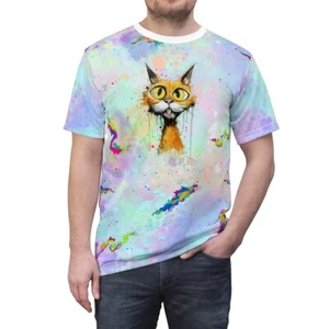 T-Shirt bunte Katze Farb-Spritzer "All Over Print" Unisex Cut & Sew - Bild 1 von 13