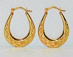 9ct Yellow Gold Diamond Cut Oval Creole Hoop Earrings