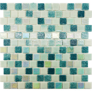 Light Blue Stagger Square Iridescent Glass Mosaic Tile Spa Pool Backsplash