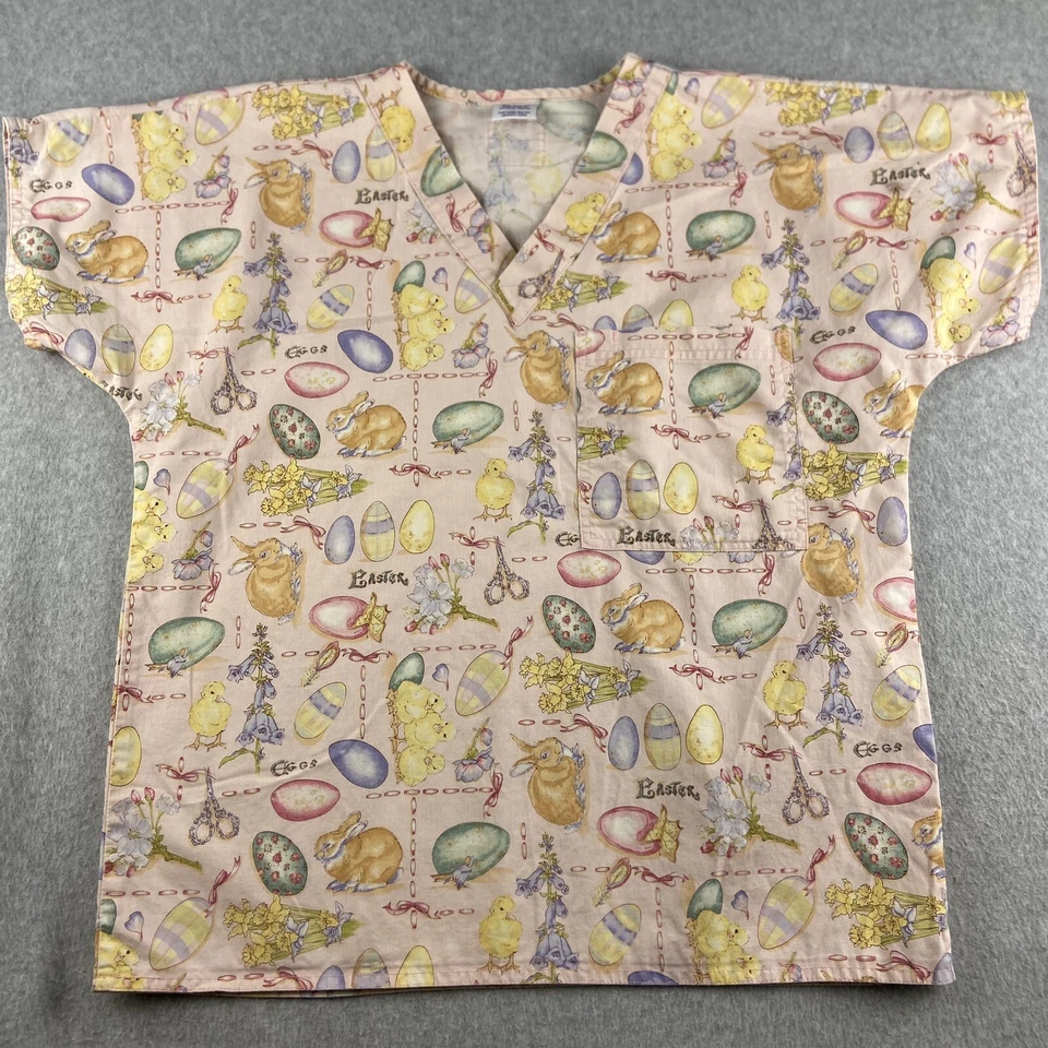 SCRUBS Top Womens Small Pink Easter Bunnies Chicks Medicalwear Made In USA Vtg - Image 1 of 4