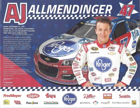 2016 AJ ALLMENDINGER "KROGER CHEVY SS" #47 NASCAR SPRINT CUP POSTCARD W/COUPON Cover