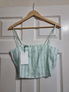 Lanhtropy Linen Striped Crop Top Strappy Blouse Mint Green White Size XS $225 - Picture 1 of 6