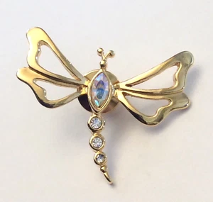 Vintage signed Avon goldtone and crystal dragonfly pin - Picture 1 of 3