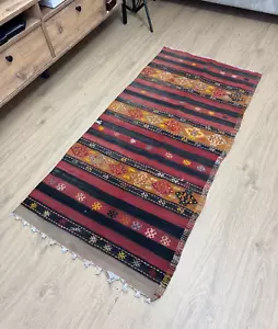 2x5 Striped Vintage Kilim Runner, Turkish Oushak Hallway Red Rug, Handmade Wool - Picture 1 of 10