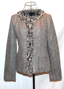 Cynthia Rowley Brown Chevron Blazer Raw Edged Fringed Jacket Sz S NWT Lined - Picture 1 of 4