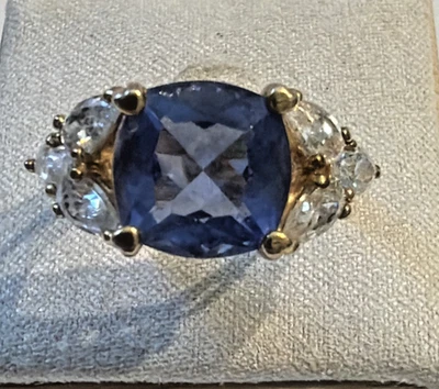 925 Sterling Silver Gold Overlay Blue & Clear Cz's Ring Size 6 - Image 1 of 4