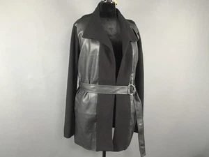 Tahari Strickjacke Pullover Damen XL schwarz Kunstlederbesatz Gürtel vorne offen - Bild 1 von 14