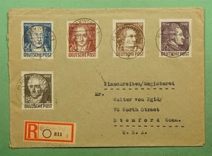 DR WHO 1949 DEUTSCHLAND EINSCHREIBEN HALBPOST PLAUEN NACH USA W22188 - Bild 1 von 2