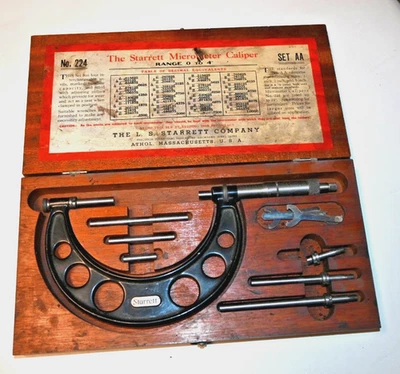 Vintage Starrett Micrometer Caliper No. 224 Set AA 0"- 4" in Box Made in USA - Image 1 of 4