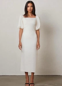 Shoshanna Dione Puff Sleeve Sheath Midi Dress in Optic Ivory Size 8 New - Picture 1 of 11