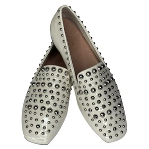 Halogen Silver Studded White Patent Leather Loafers Size 7.5M Cushion Footbed - Picture 1 of 14