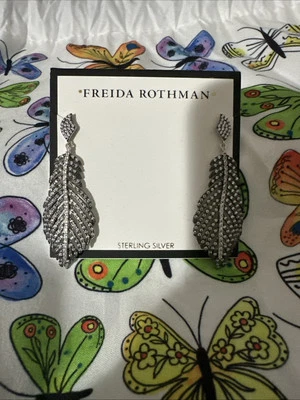 Brincos de penas pendurados de prata esterlina FREIDA ROTHMAN CZ pavê poste traseiro - Imagem 1 de 3