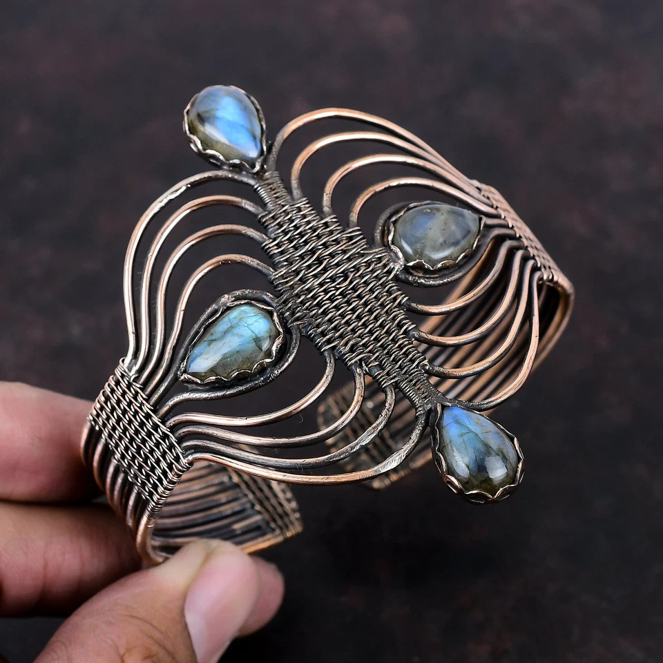 Brazalete ajustable envuelto en alambre para mujer joyería cobre labradorita Foto 1 de 4