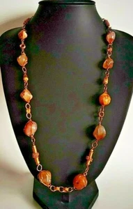 Vintage Caged Agate Gemstone Wire Wrapped Gold Tone Chain Bead Necklace - Picture 1 of 9