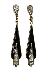 Vtg Nina Ricci Haute Couture Gold Plate Black Enamel Crystal Dangle Earrings 80s - Foto 1 di 5