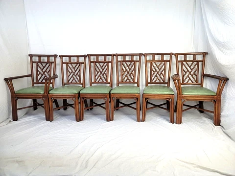 Vintage Rattan Chinese Chippendale Chairs set 6~2 armchairs 4 dinner Tropical Cover
