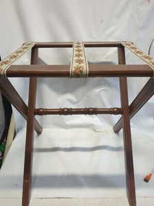 Vintage Holz klappbarer Gepäck Koffer Gepäckträger mit Gobelin Riemen Blumenmuster - Bild 1 von 15