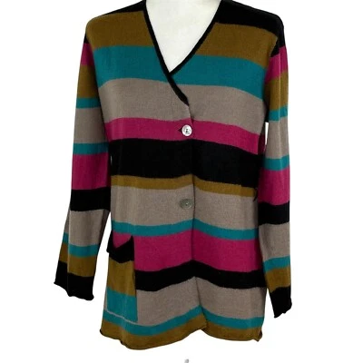 Cárdigan Suéter Gudrun Sjoden Talla M Rayas 100% Lana Marrón Rosa Azul Artístico Foto 1 de 4