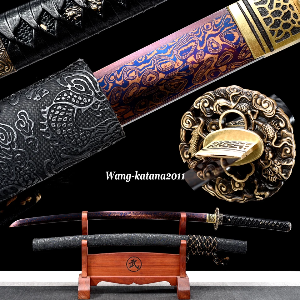 Espada Katana Samurai Japonesa Dragón Afilado Rojo y Azul Damasco Acero 1095 Doblada Foto 1 de 4